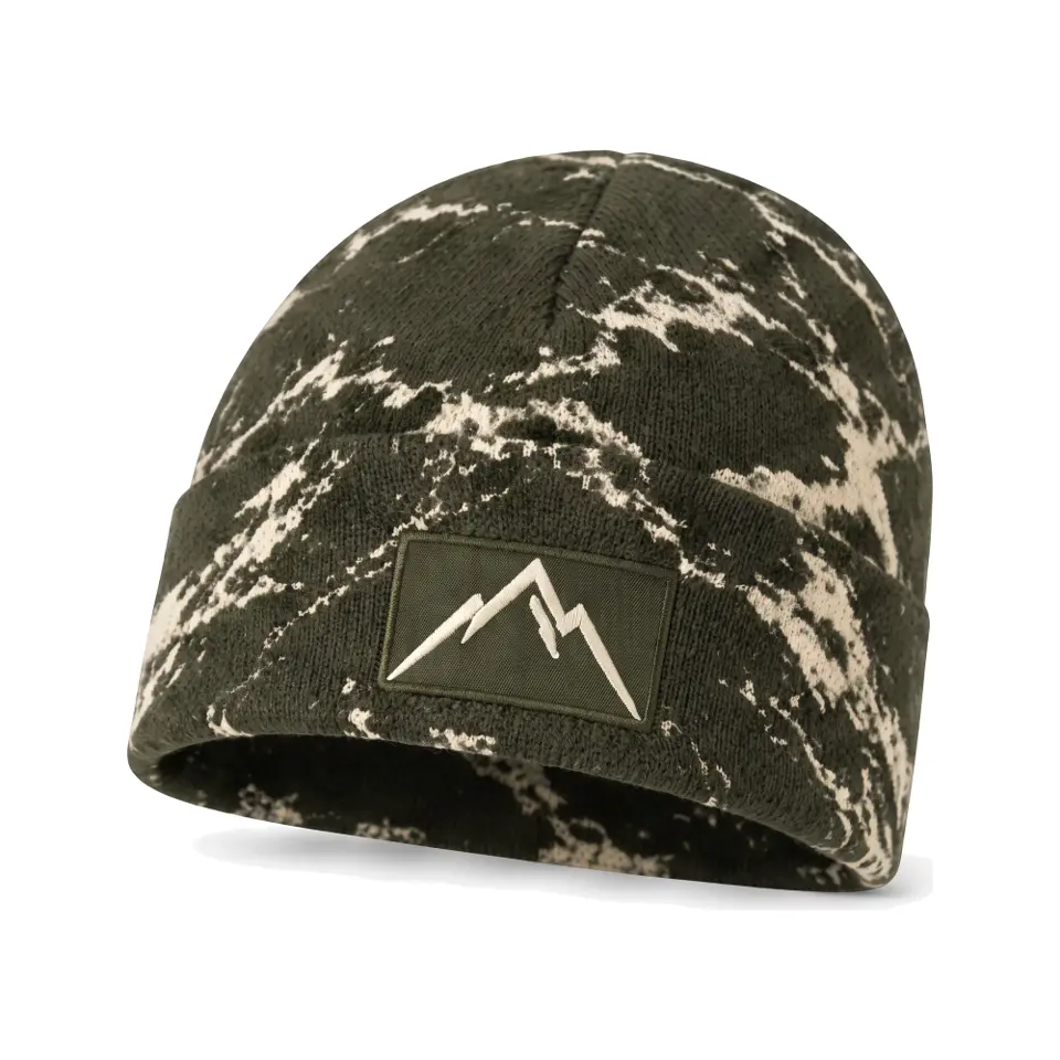Refuge beanie in Olive Bold Marble on a white background