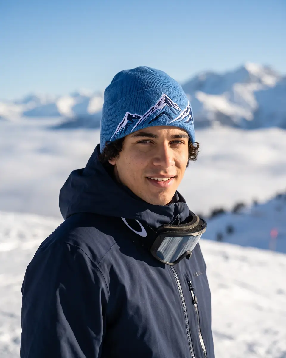 Snowboarder wearing the Windline beanie in Blue