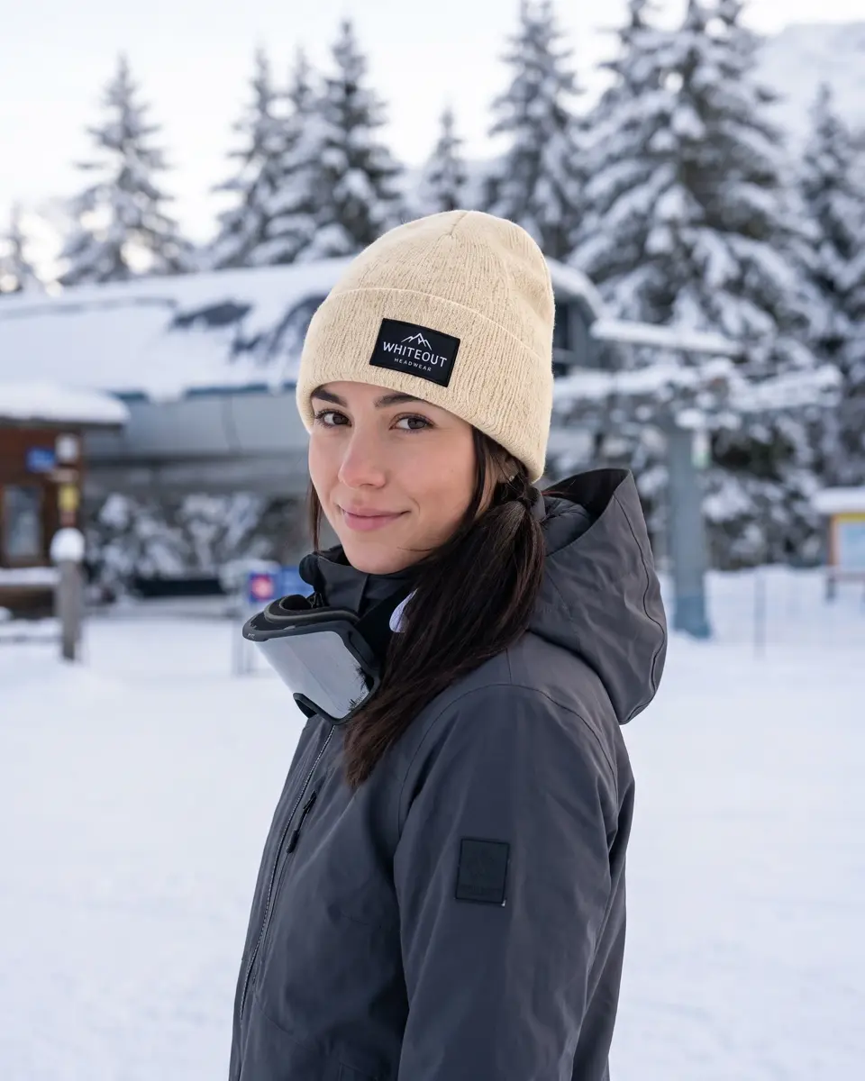 Snowboarder wearing the Zermatt beanie in Cream