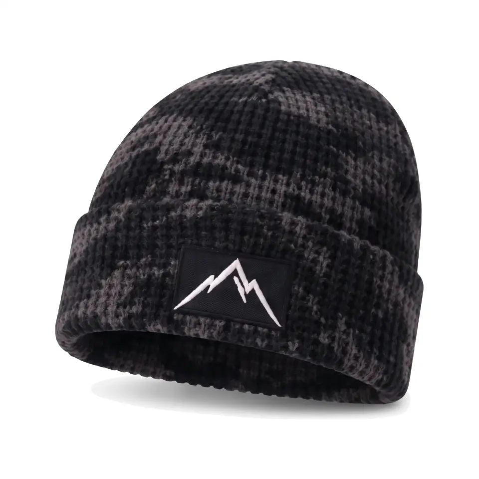 Refuge beanie in Black Camo on a white background