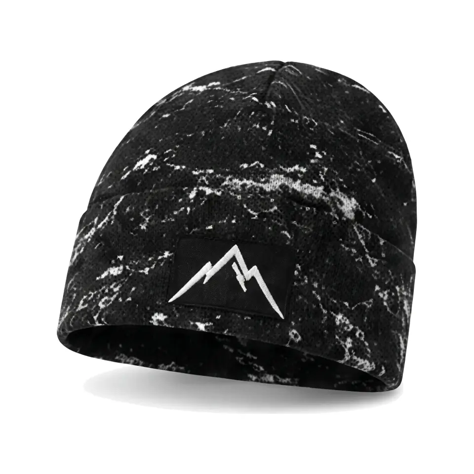 Refuge beanie in Black Veined Marble on a white background