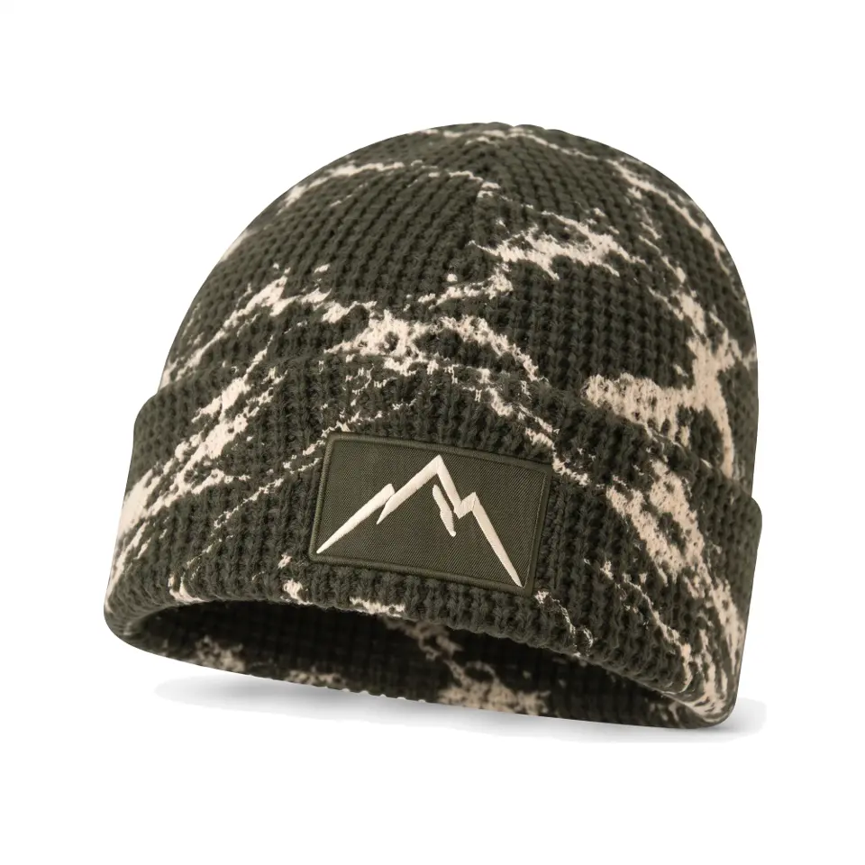 Refuge beanie in Olive Bold Marble on a white background