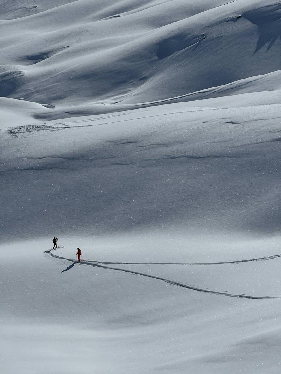 Two skiers casting long shadows across a slope