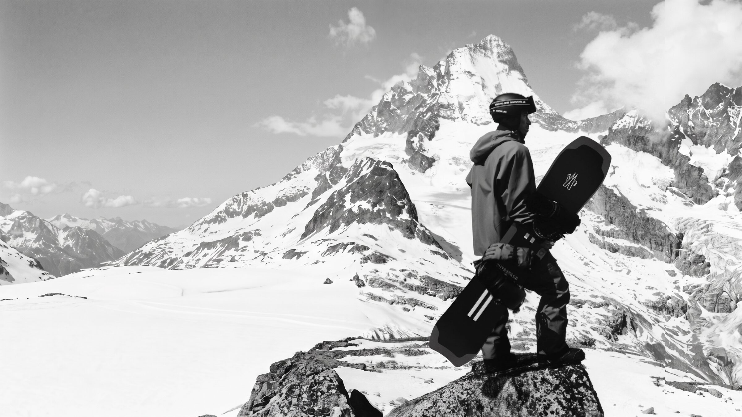 Snowboarder holding a board on a rock below a snow-covered alpine peak