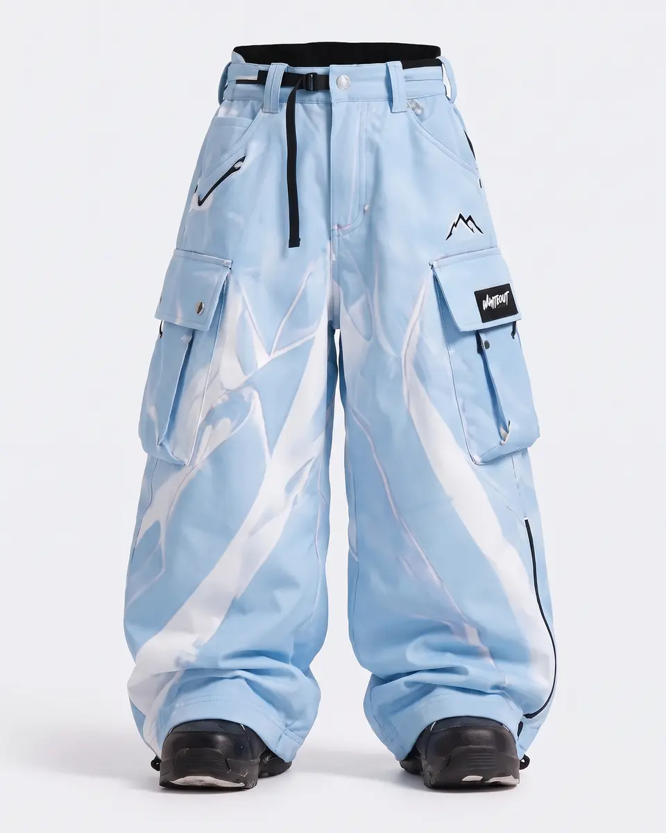 Baby Blue Aurora snow pants in Baby Blue / White Swoosh, front view concept render