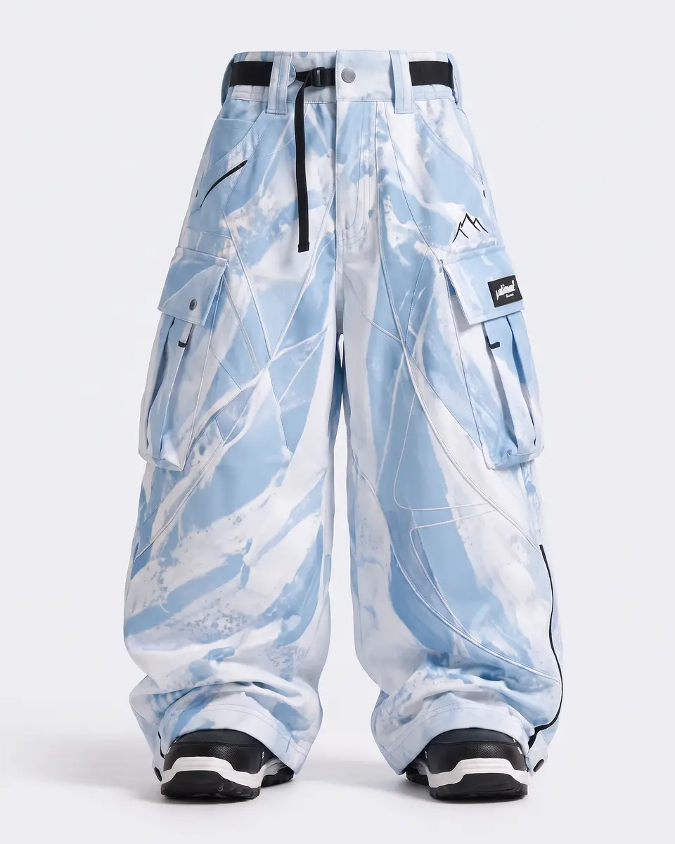 Baby Blue Frostbite snow pants in Ice Blue / White Shards, front view concept render