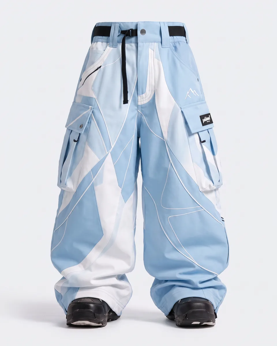 Baby Blue Orbit snow pants in Ice Blue / White, front view concept render