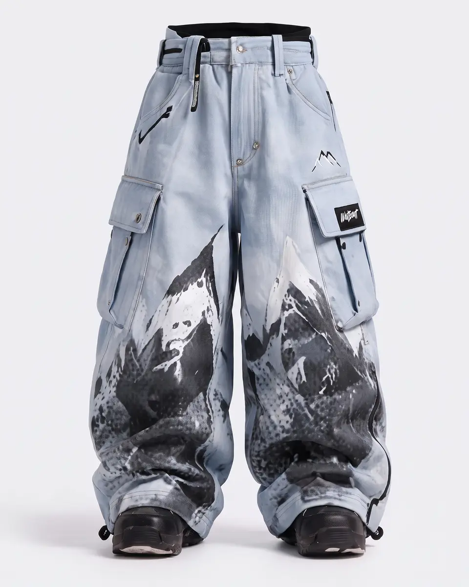 Baby Blue Summit snow pants in Ice Grey / Mountain Print, front view concept render