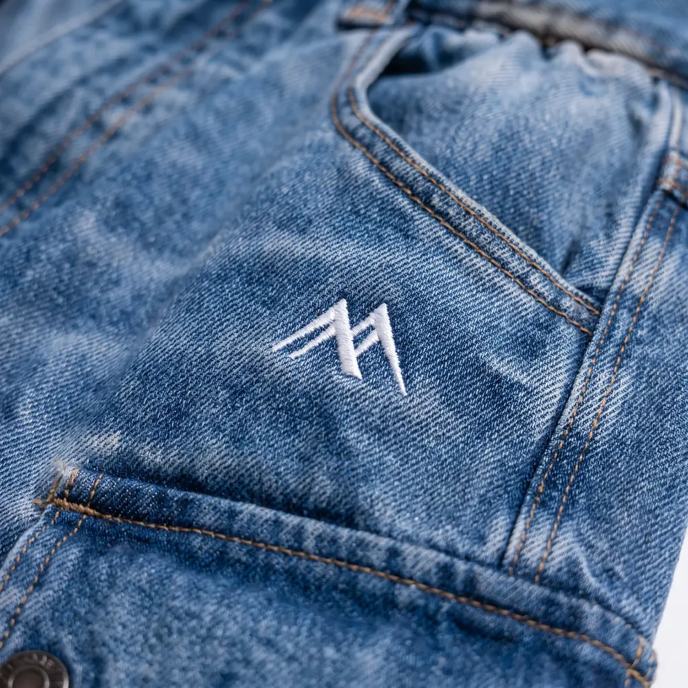 Classic Denim Indigo: logo and embroidery close-up, concept render