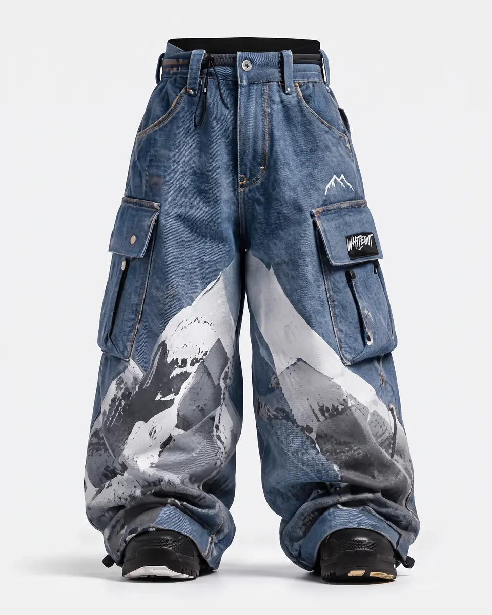 Denim Alpine snow pants in Denim / Mountain Print, front view concept render