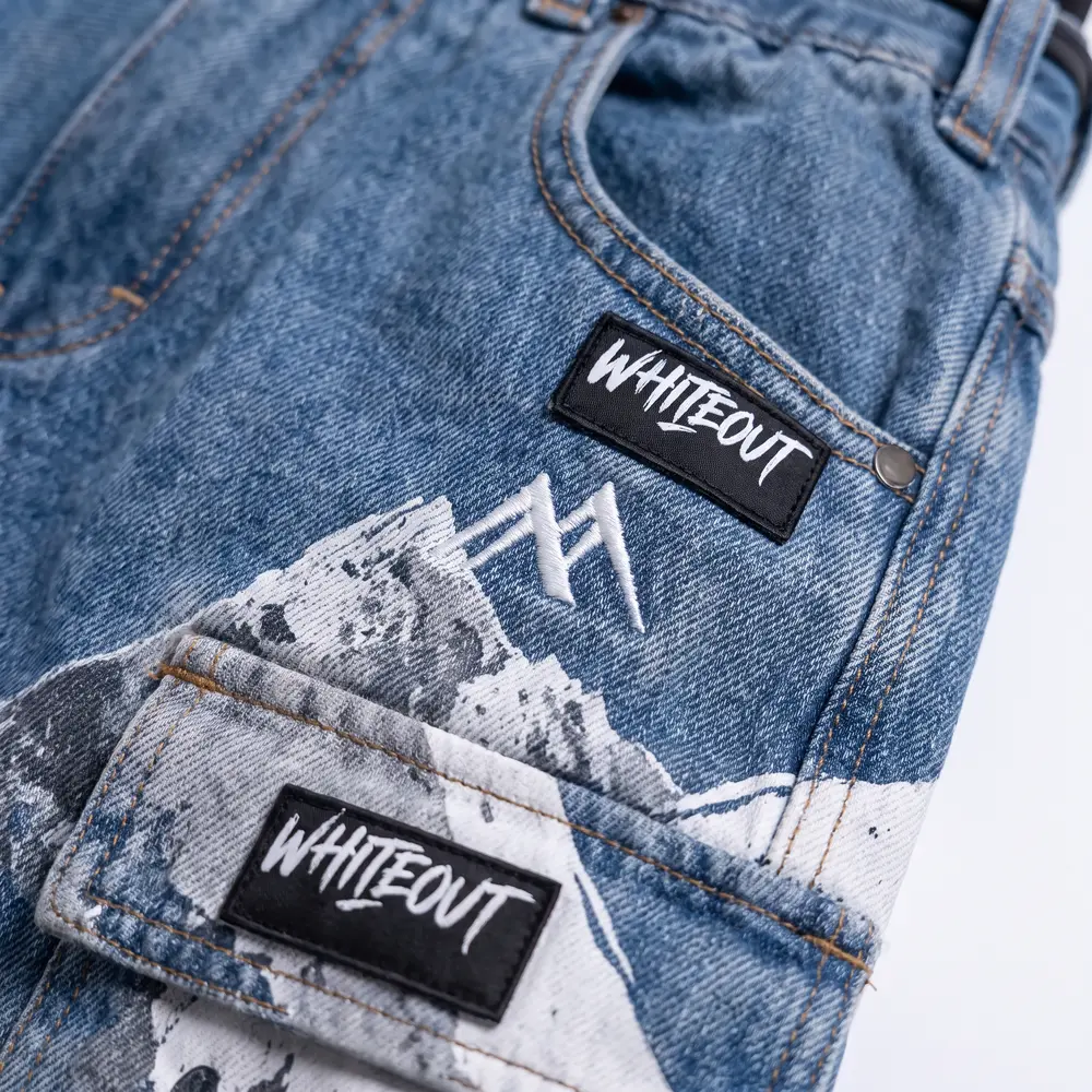 Denim Alpine Denim / Mountain Print: logo and embroidery close-up, concept render