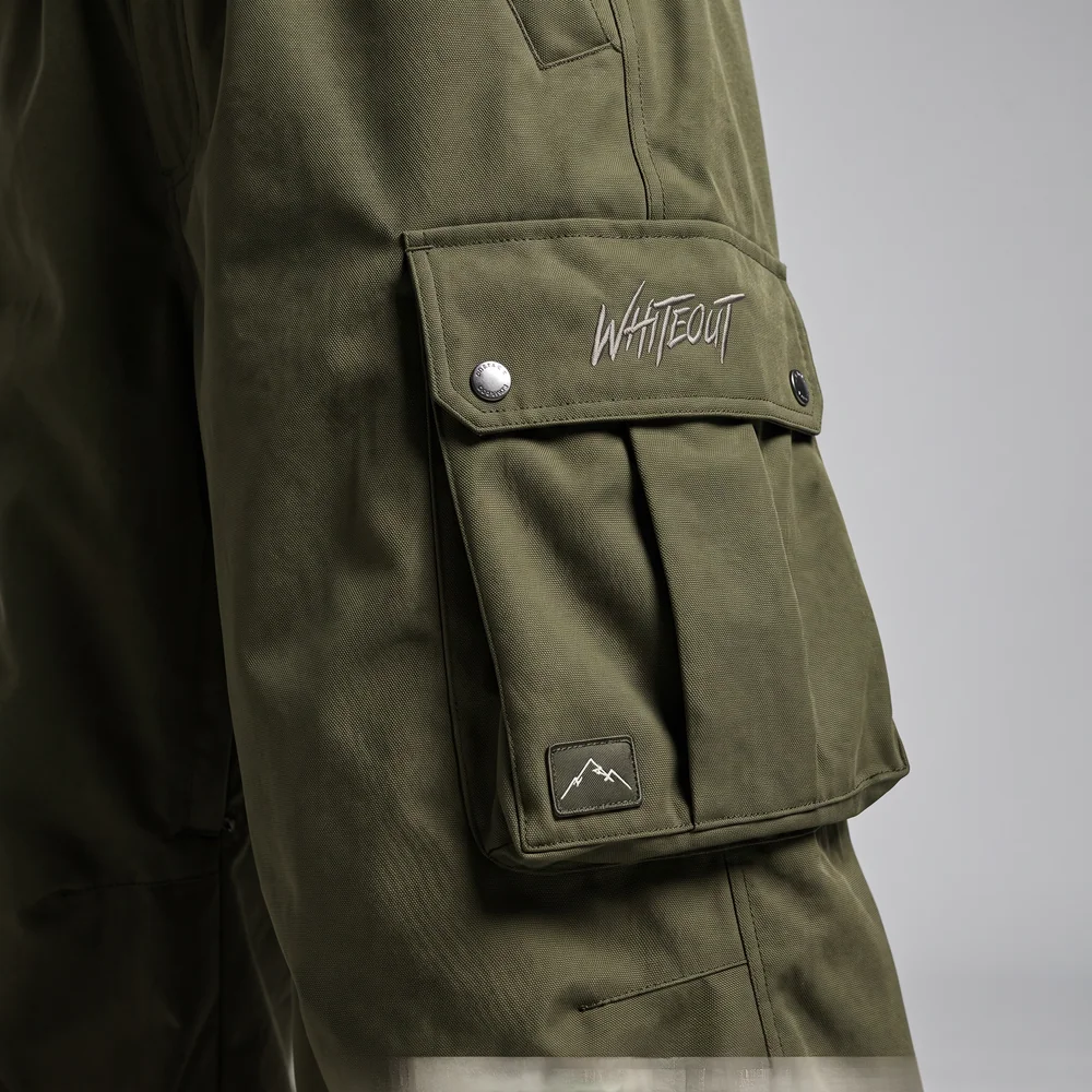 Bellowed olive cargo pocket with flap and snap