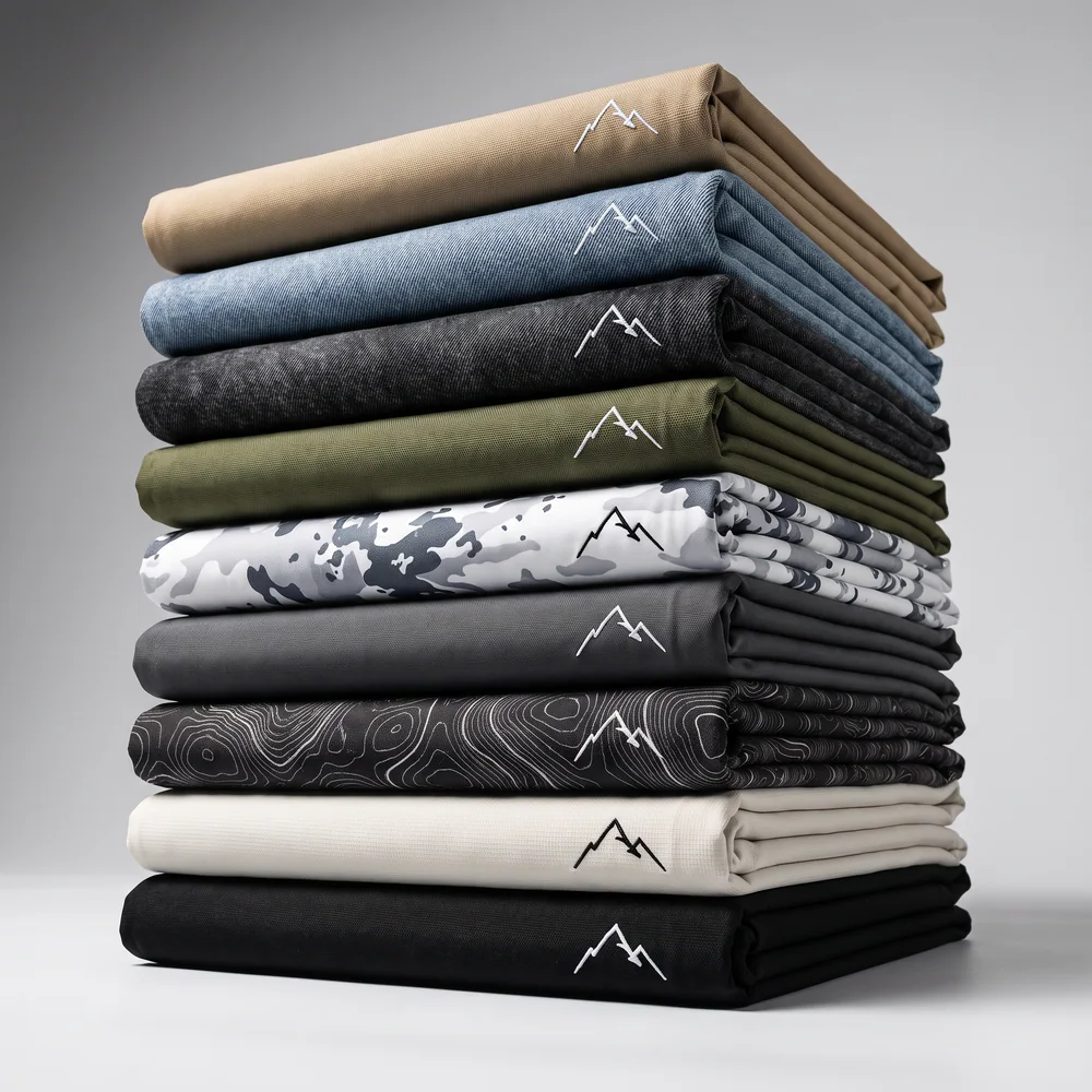 Stack of folded snow pant fabrics in all ten collection colours