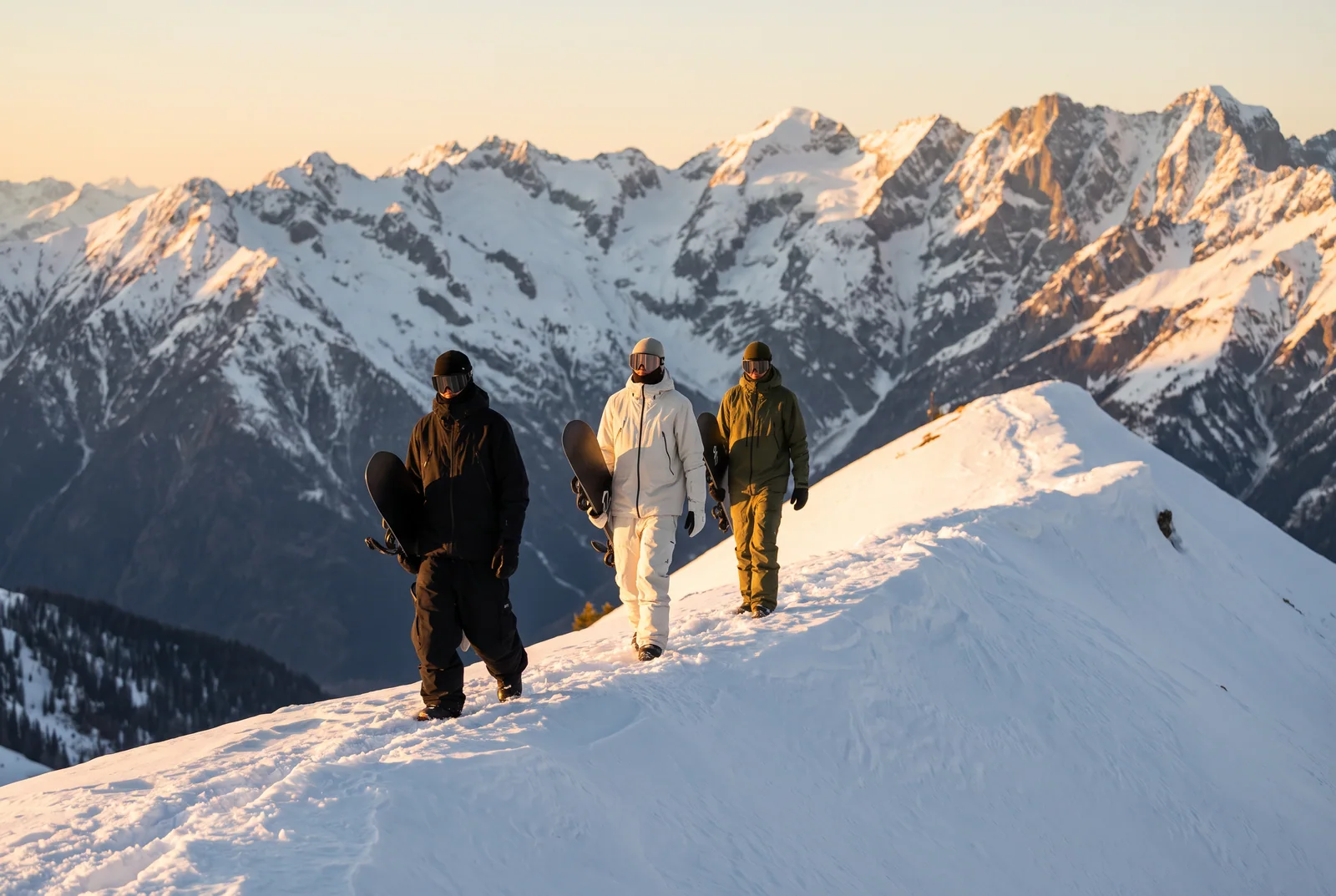 Three snowboarders in baggy black, bone and olive snow pants walking a snowy ridge at golden hour