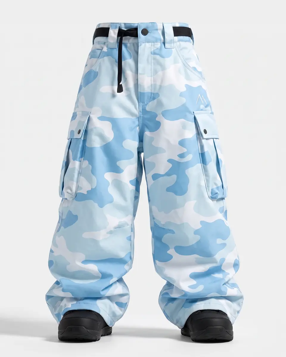 Baby Blue Design snow pants in Ice Camo, front view concept render
