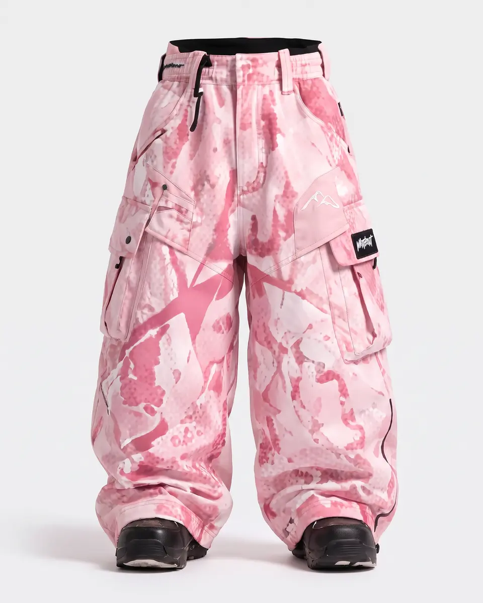 Pink Blush Camo snow pants in Blush Camo, front view concept render