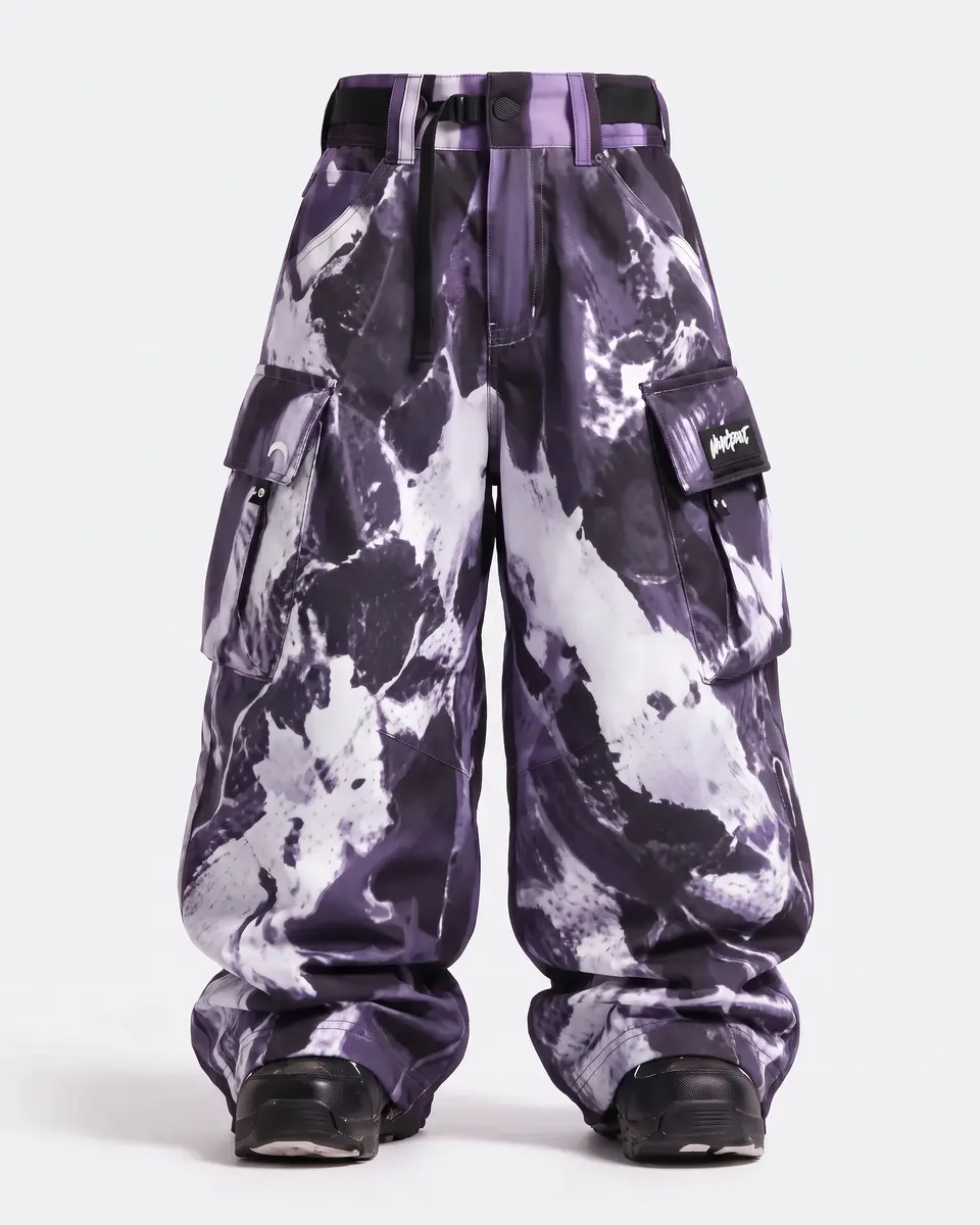 Purple Eclipse snow pants in Black / Violet Marble, front view concept render