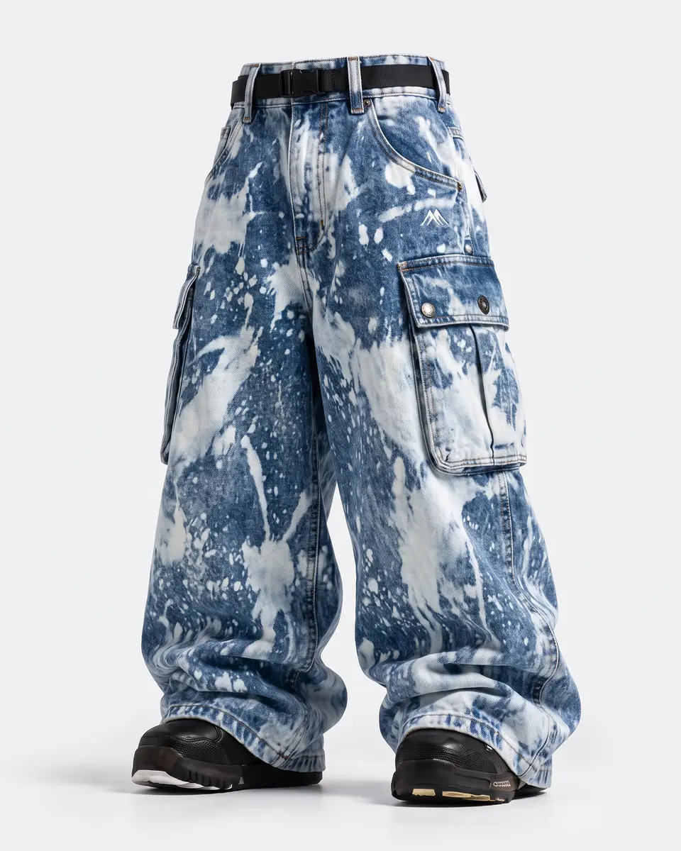 Washed Denim snow pants in Acid Wash, front view concept render